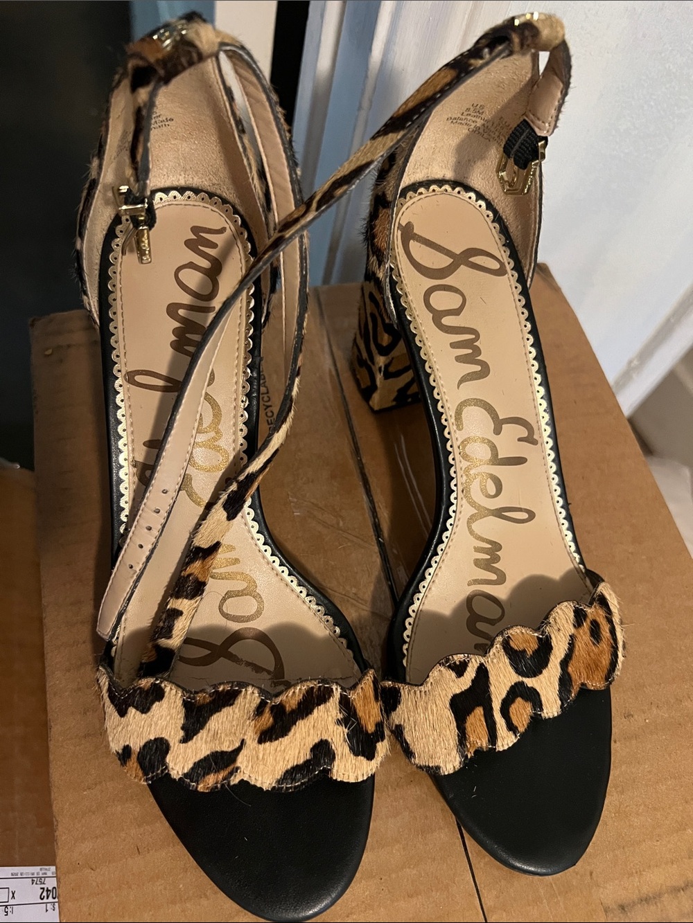 Sam Edelman Leopard Ankle-Strap Block Heels in Black and Tan